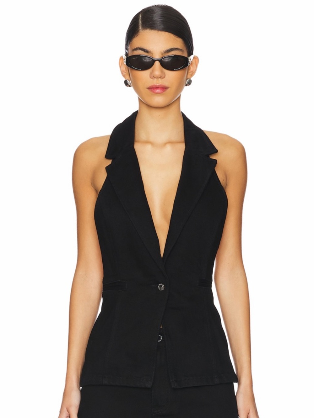 WeWoreWhat Revolve Black Denim Halter Backless Collared Vest Size Small NWT